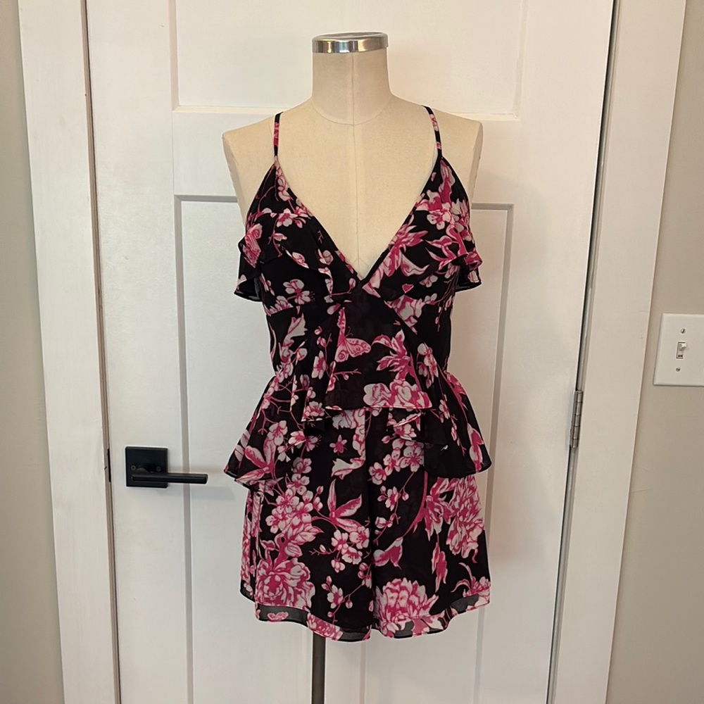 Jay Godfrey Chiffon Floral Pink and Black Ruffle Romper